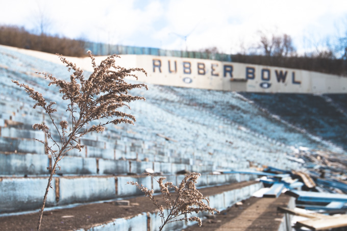 abandoned, akron, rubber bowl